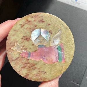 Vintage Soapstone Trinketbox with Mother of Pearl Angel Inlay